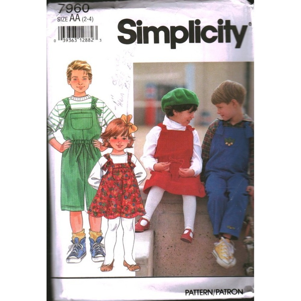 Vintage Simplicity 7960 Child Overalls Jumper Sewing Pattern Size AA 2-4 1992